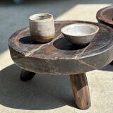 Small tripod stool low in dark brown upcycled teak