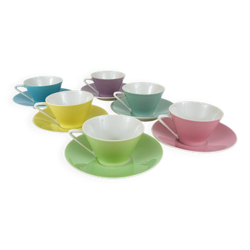6 tasses à espresso en porcelaine pastel mi-siècle, Daisy, Lilien, Autriche, années 1950