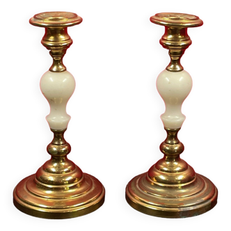 Pair of old brass and alabaster candle holders 20.5 cm