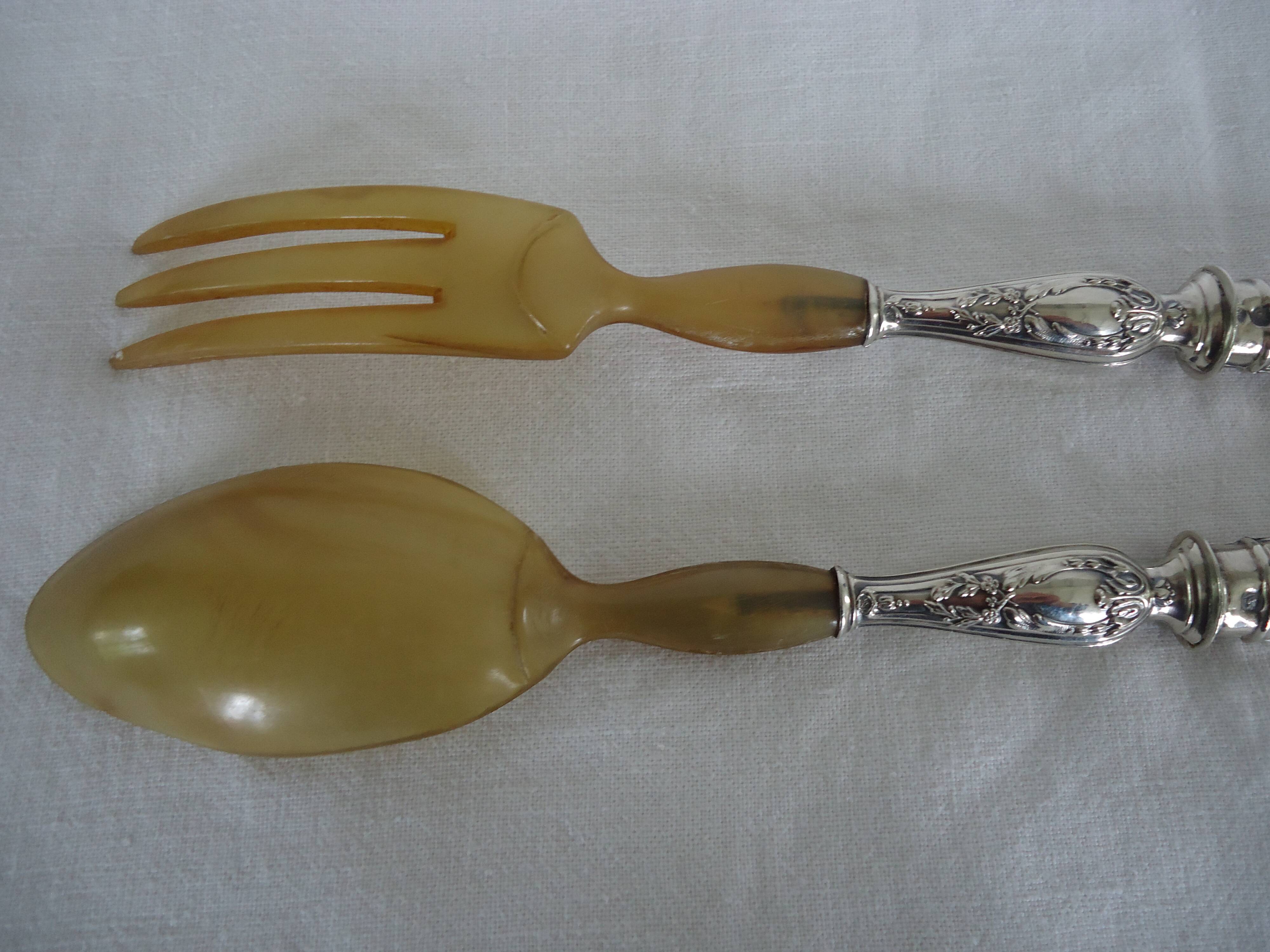 Pair of horn and silver-plated salad servers