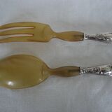 Pair of horn and silver-plated salad servers