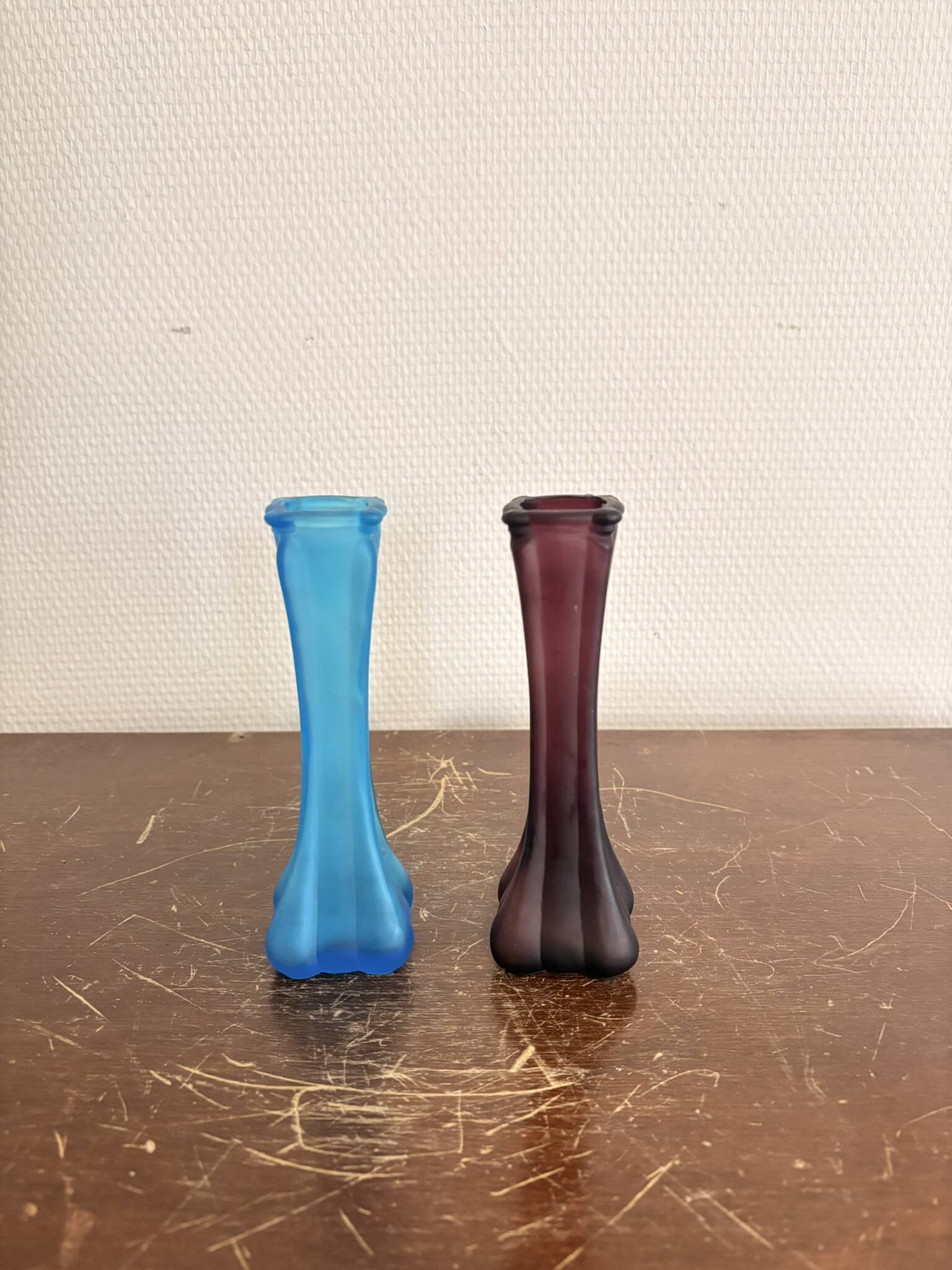 Antique Pair of Art Nouveau Frosted Glass Soliflore Vases in Blue and Purple