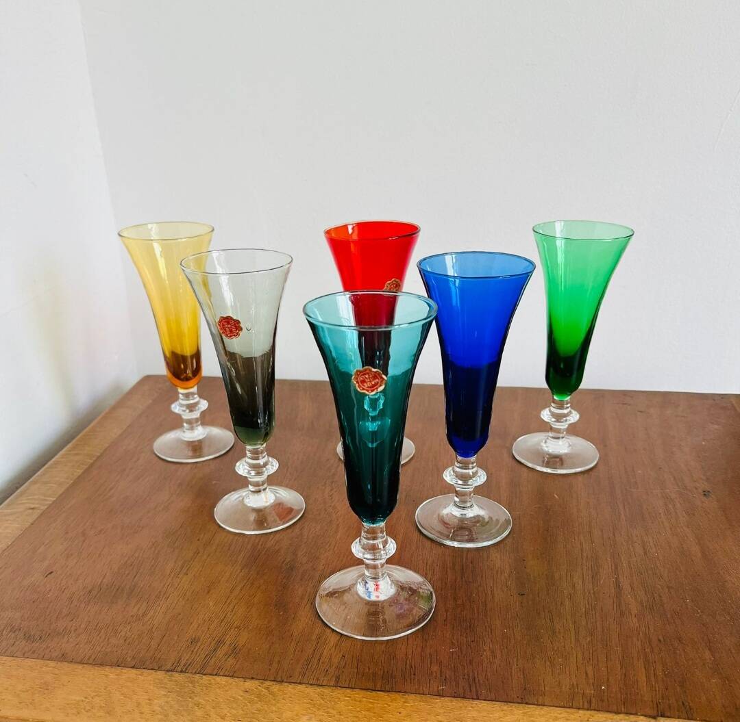 6 colorful Italian champagne flutes from the 50s