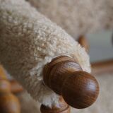 Pair of sculptural Danish modern rocking chairs in lambswool and oak, brutalist, 1950.