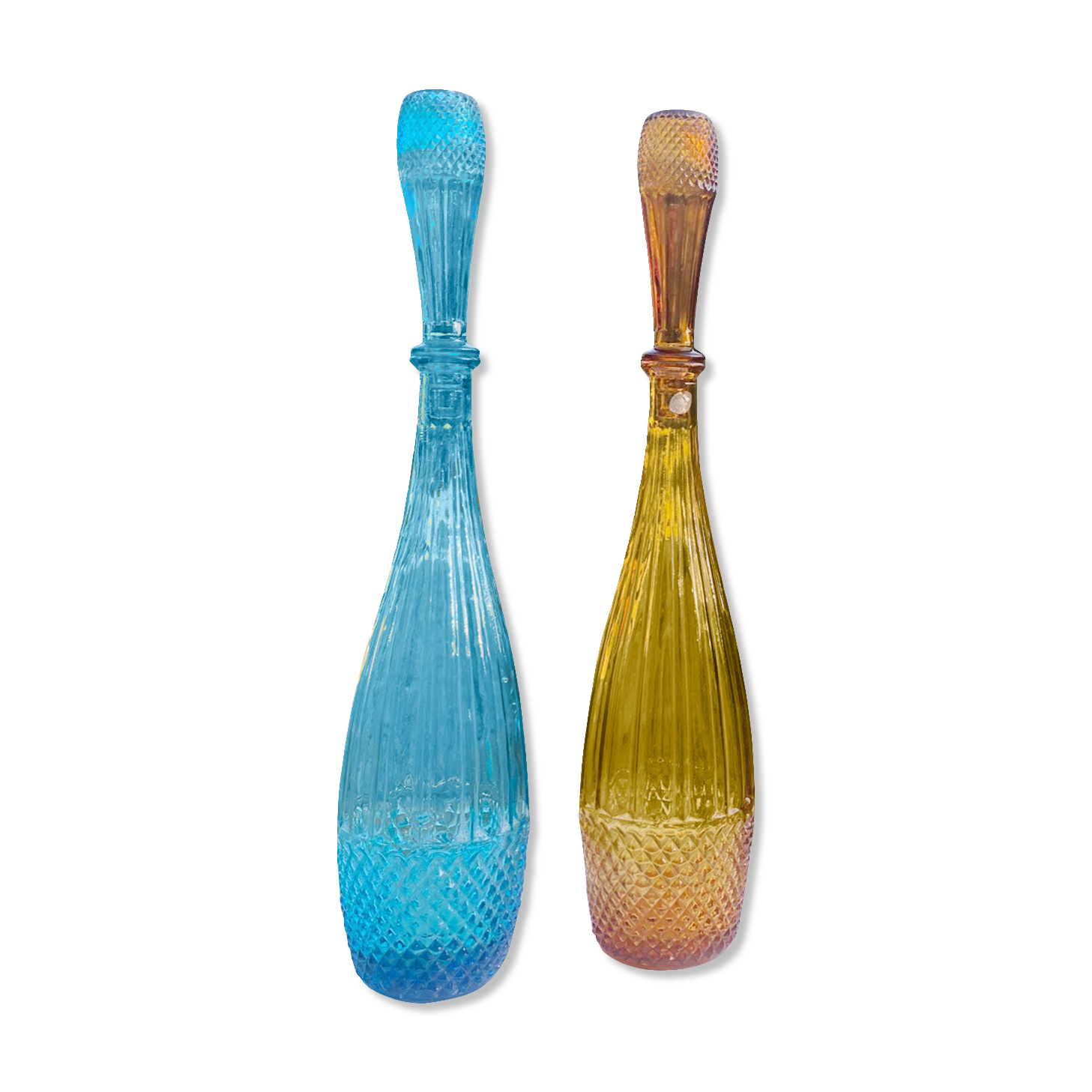 Pair of glass bottles of Empoli made in Italy 1960