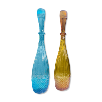 Pair of glass bottles of Empoli made in Italy 1960