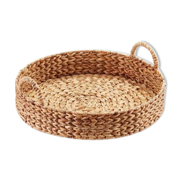 Plateau rond en rotin tressé vintage 33 cm