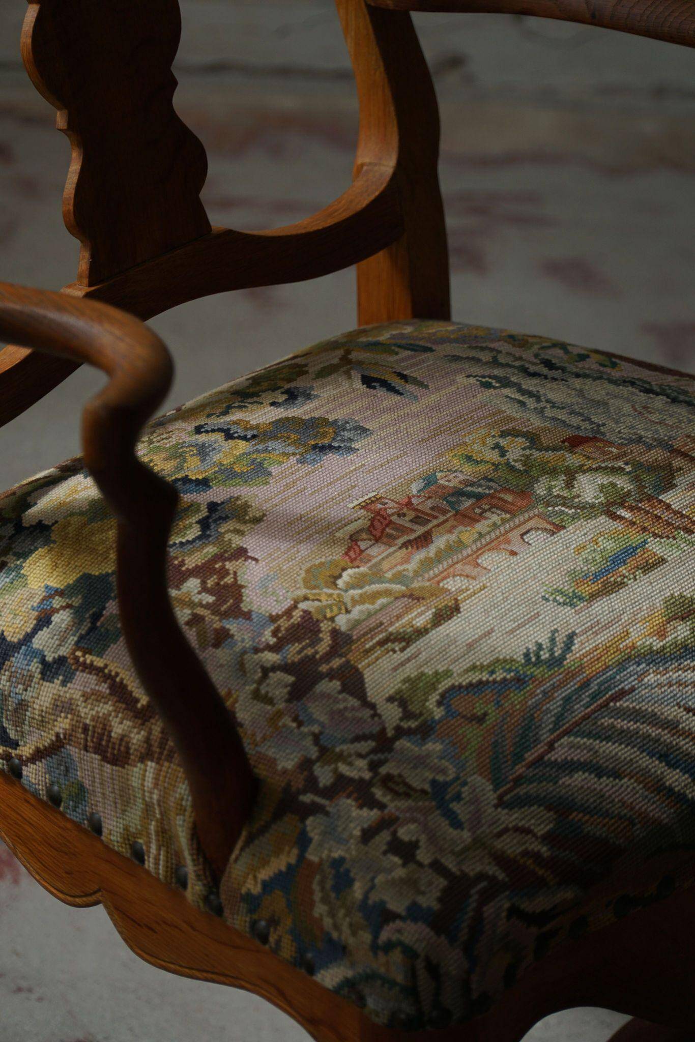 Classic Baroque style armchair in oak, made by a Danish cabinetmaker, 1930s.