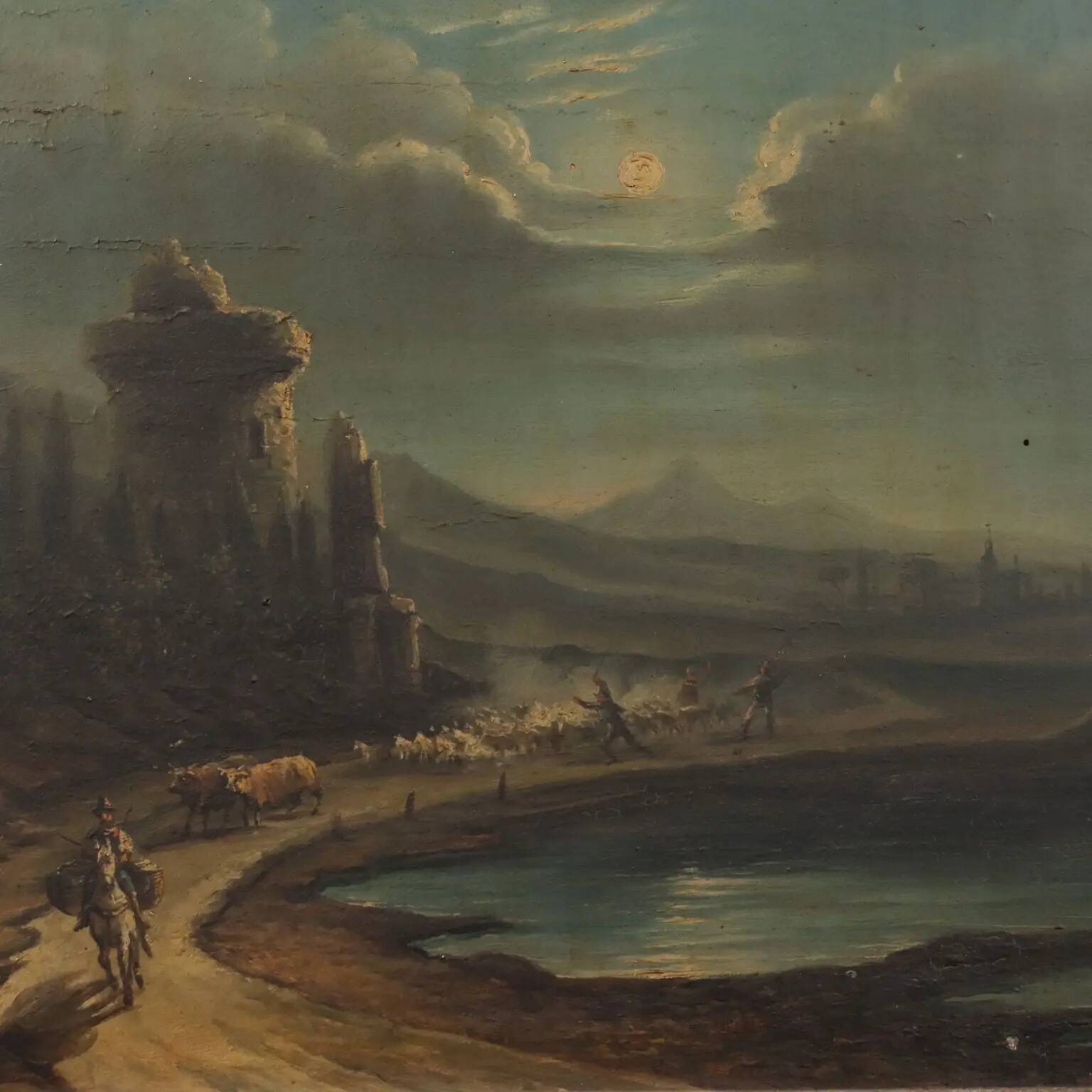 Old painting of a nocturnal landscape in oil on panel from the 19th century.
