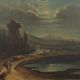 Old painting of a nocturnal landscape in oil on panel from the 19th century.