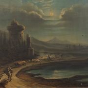 Old painting of a nocturnal landscape in oil on panel from the 19th century.