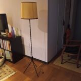 Vintage 1960s tripod wrought iron floor lamp with original lampshade