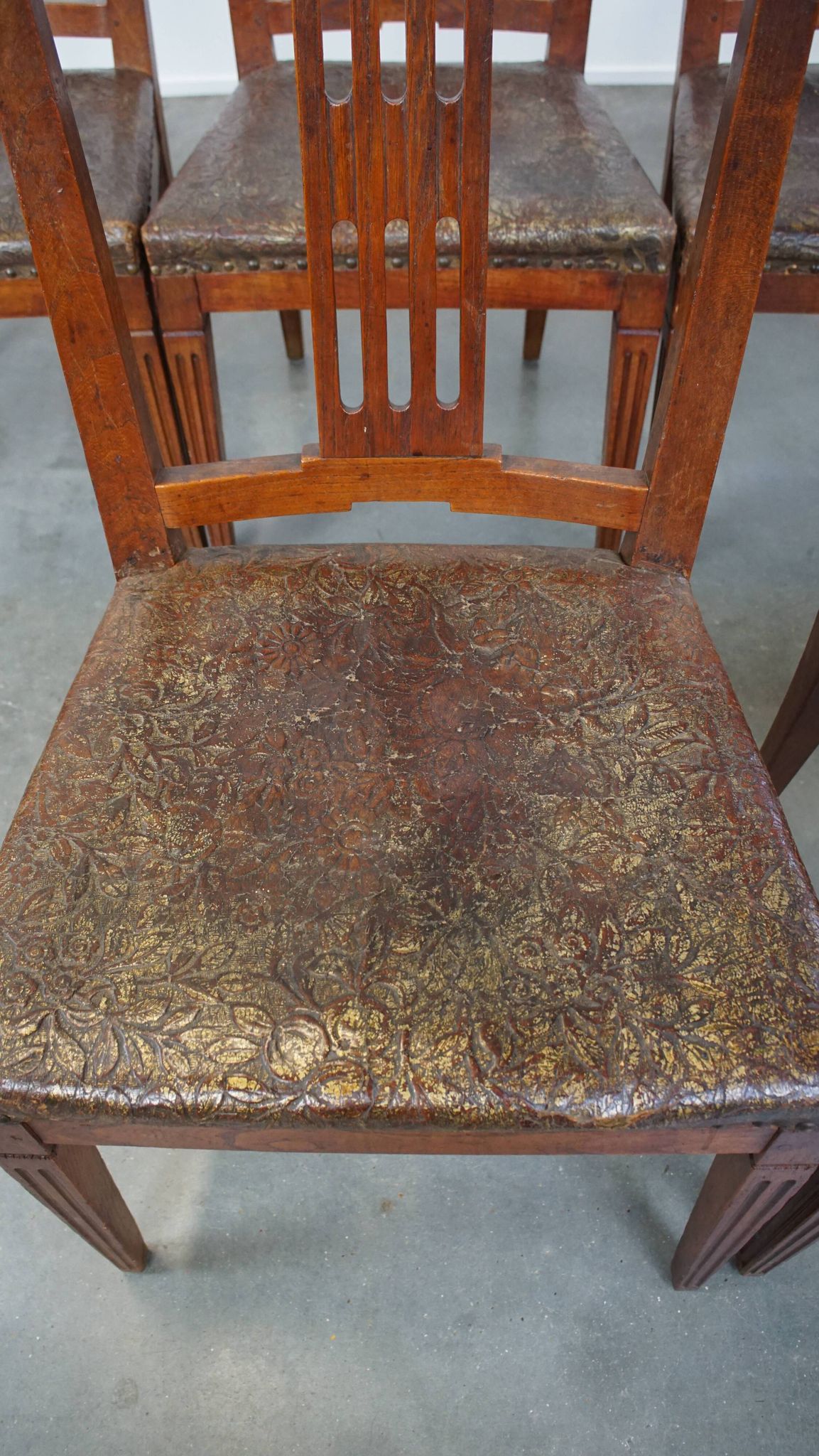Set of 6 Original Antique Dutch Leather Dining Chairs