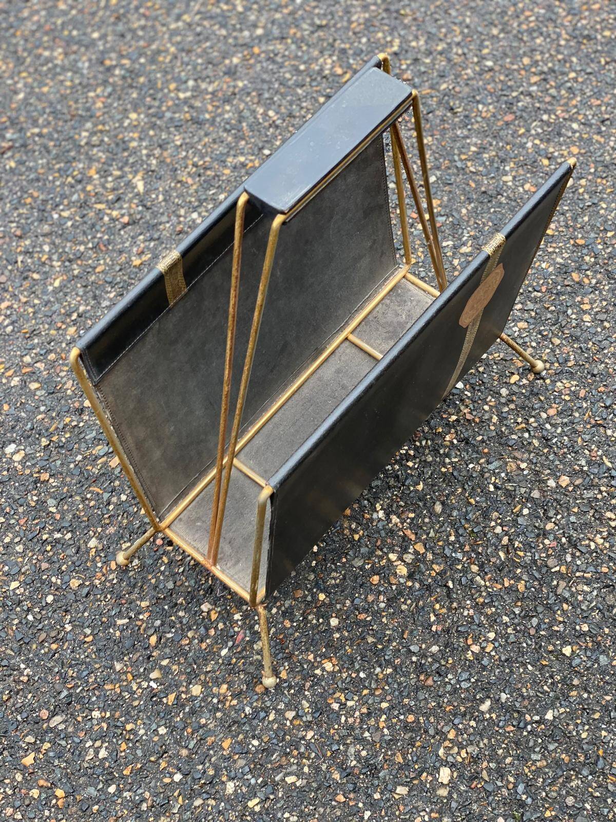 Vintage magazine rack document holder in black leather and gold metal