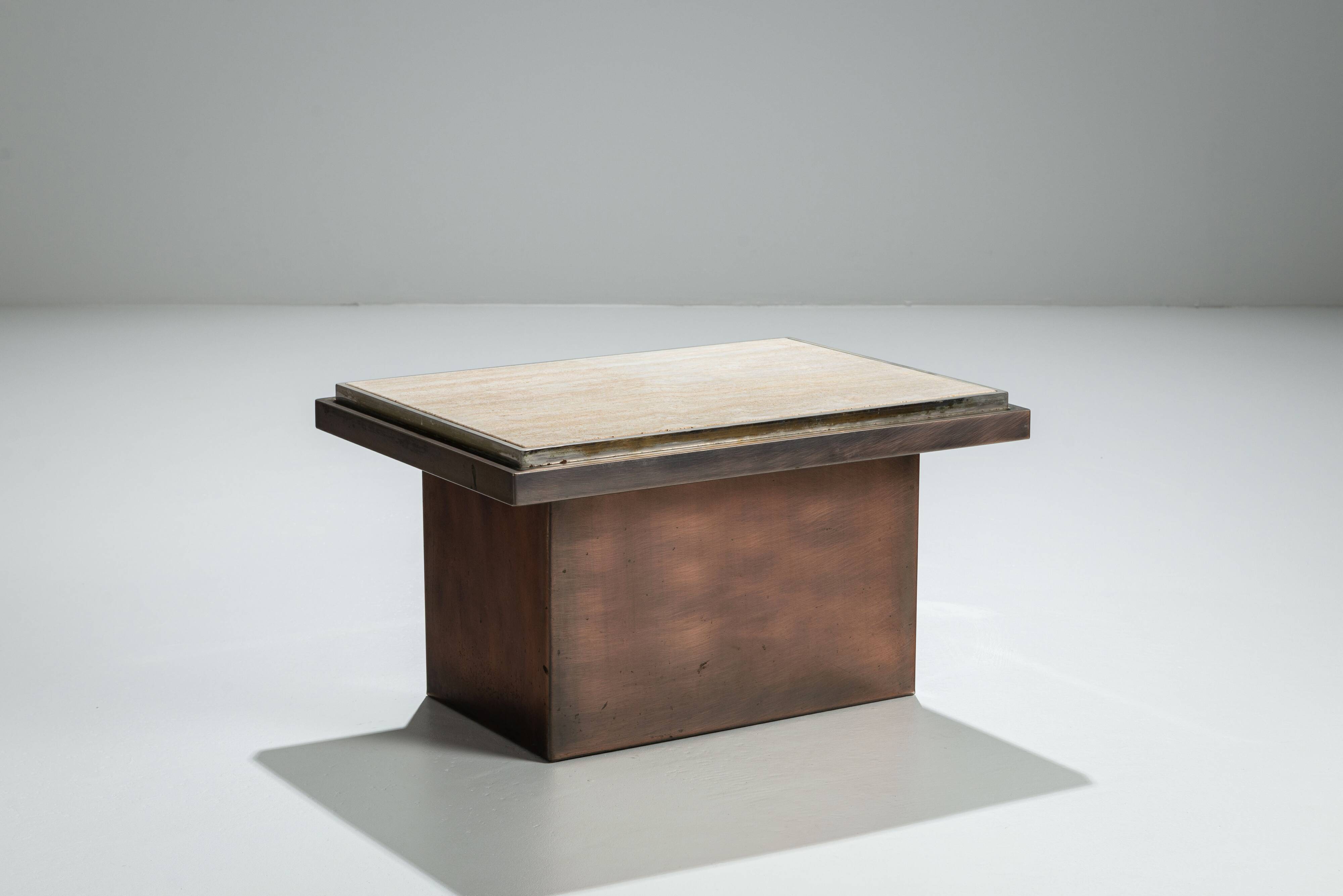 Belgochrom coffeetable in polished metal and travertin