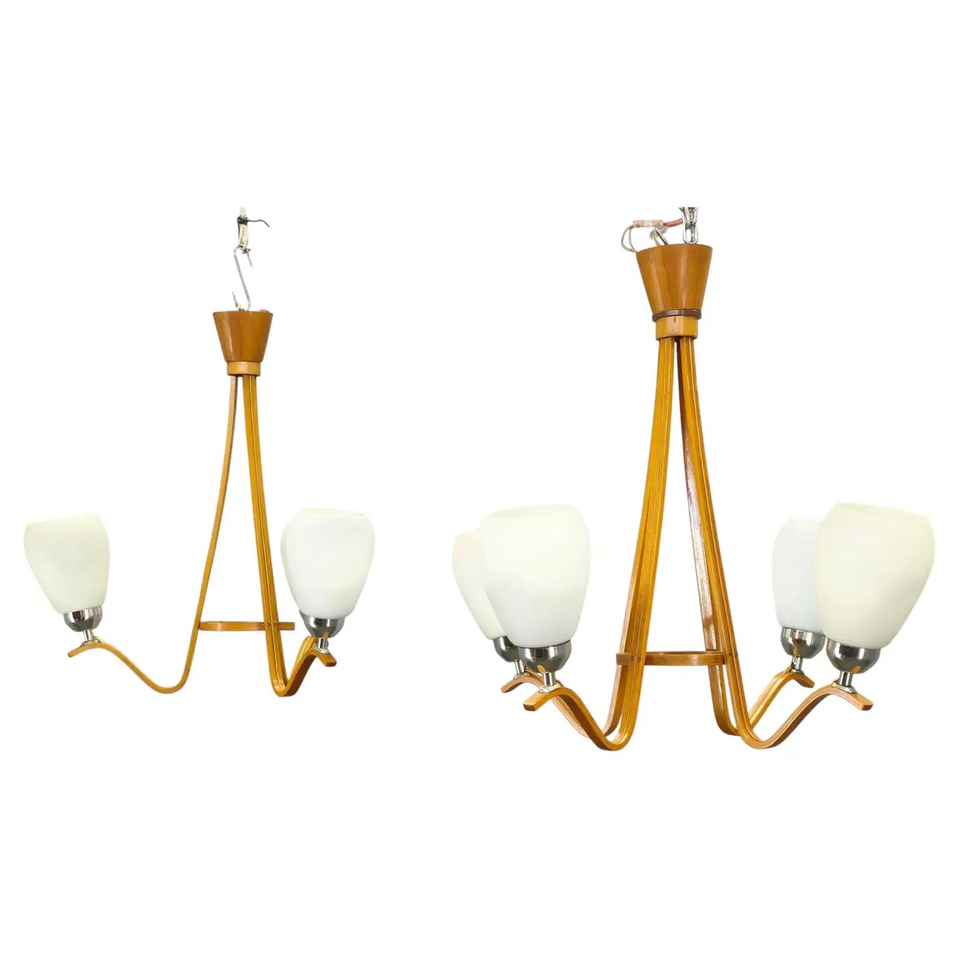 Pair of Czech Mid-Century Wood and Glass Chandeliers by Dřevo Humpolec