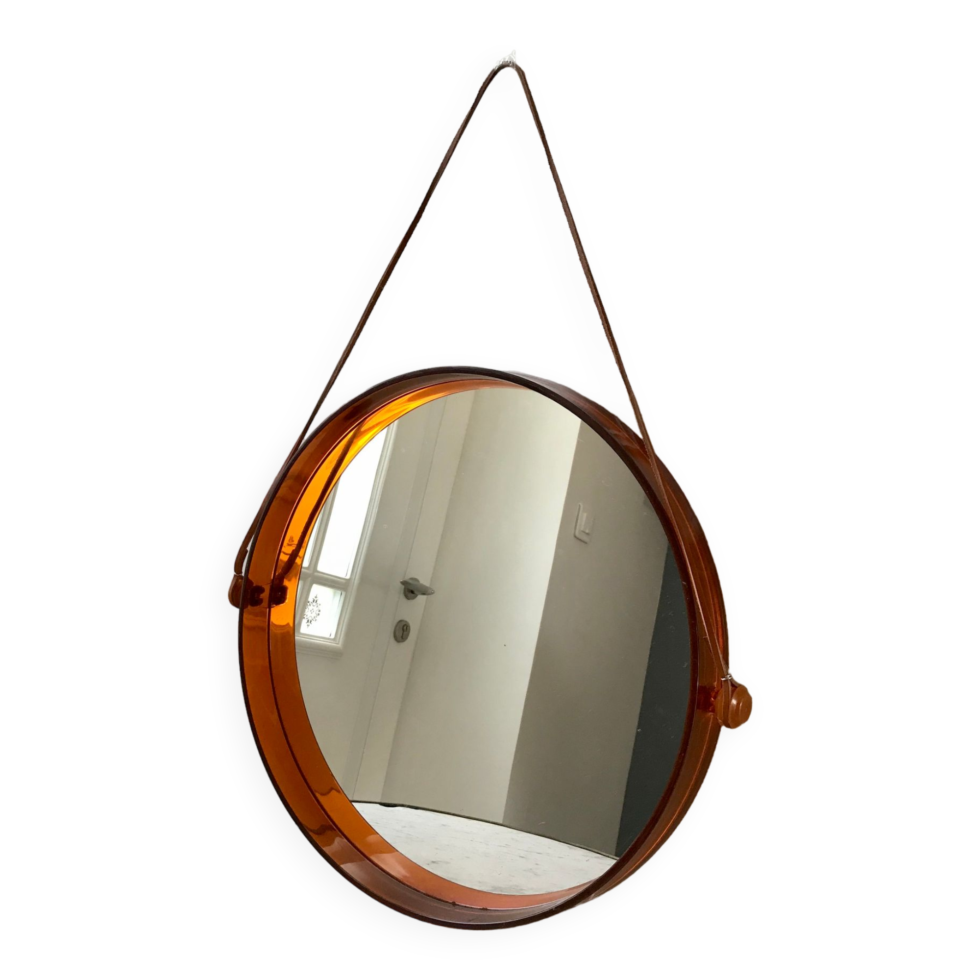 mirror cap brown orange design plexi and leather strap Made in France 1974
