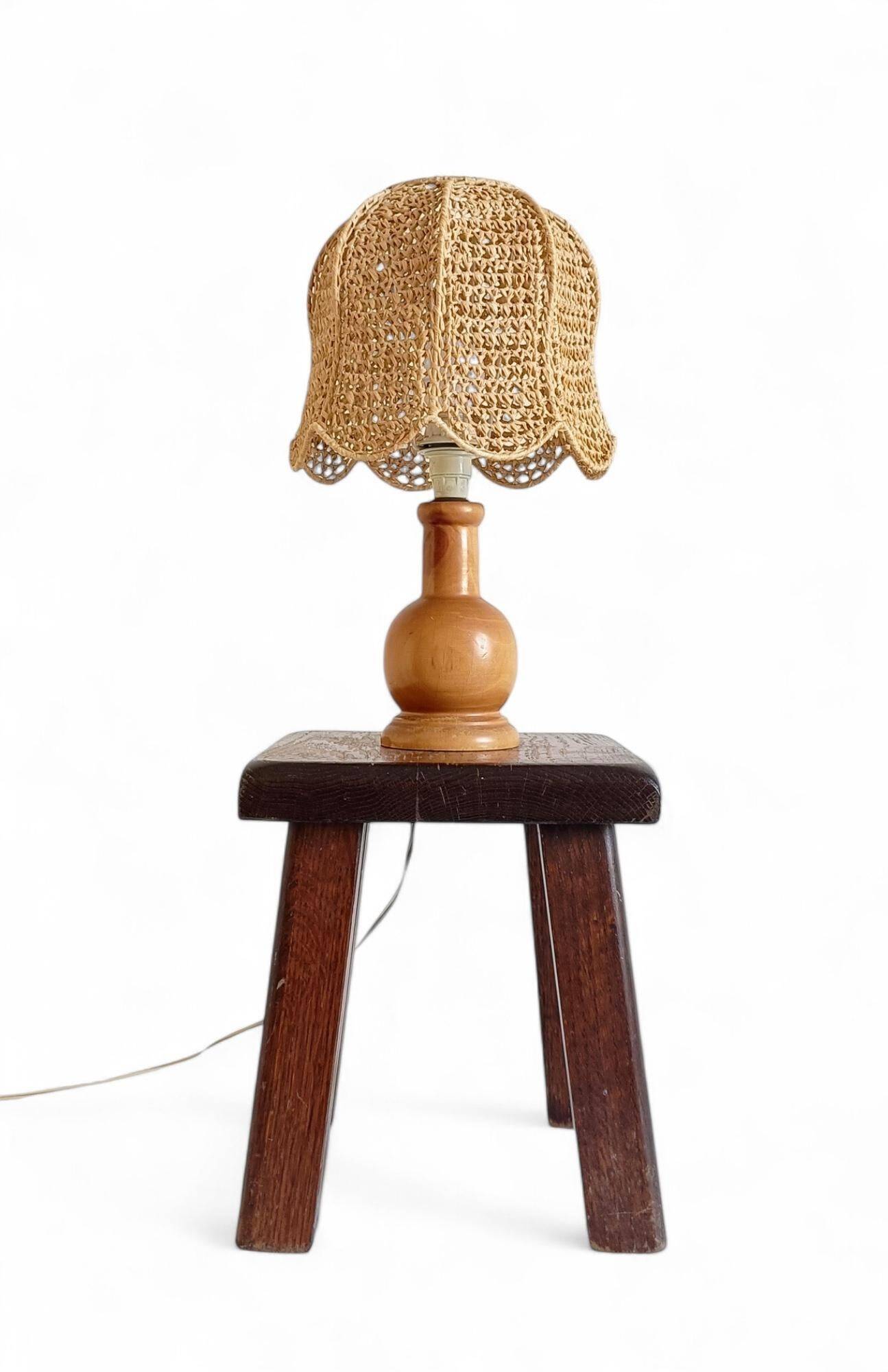 Mid-Century Bohemian Table Lamp, Pine Wood & Raffia, Italy, 1970s