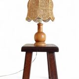 Mid-Century Bohemian Table Lamp, Pine Wood & Raffia, Italy, 1970s