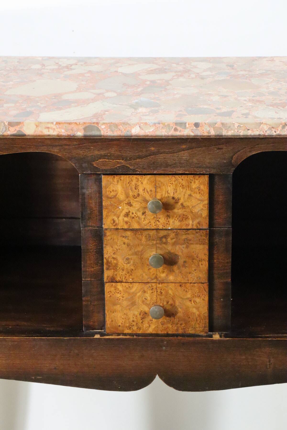 Vintage wooden and marble console table – classic style curved legs, 1950s