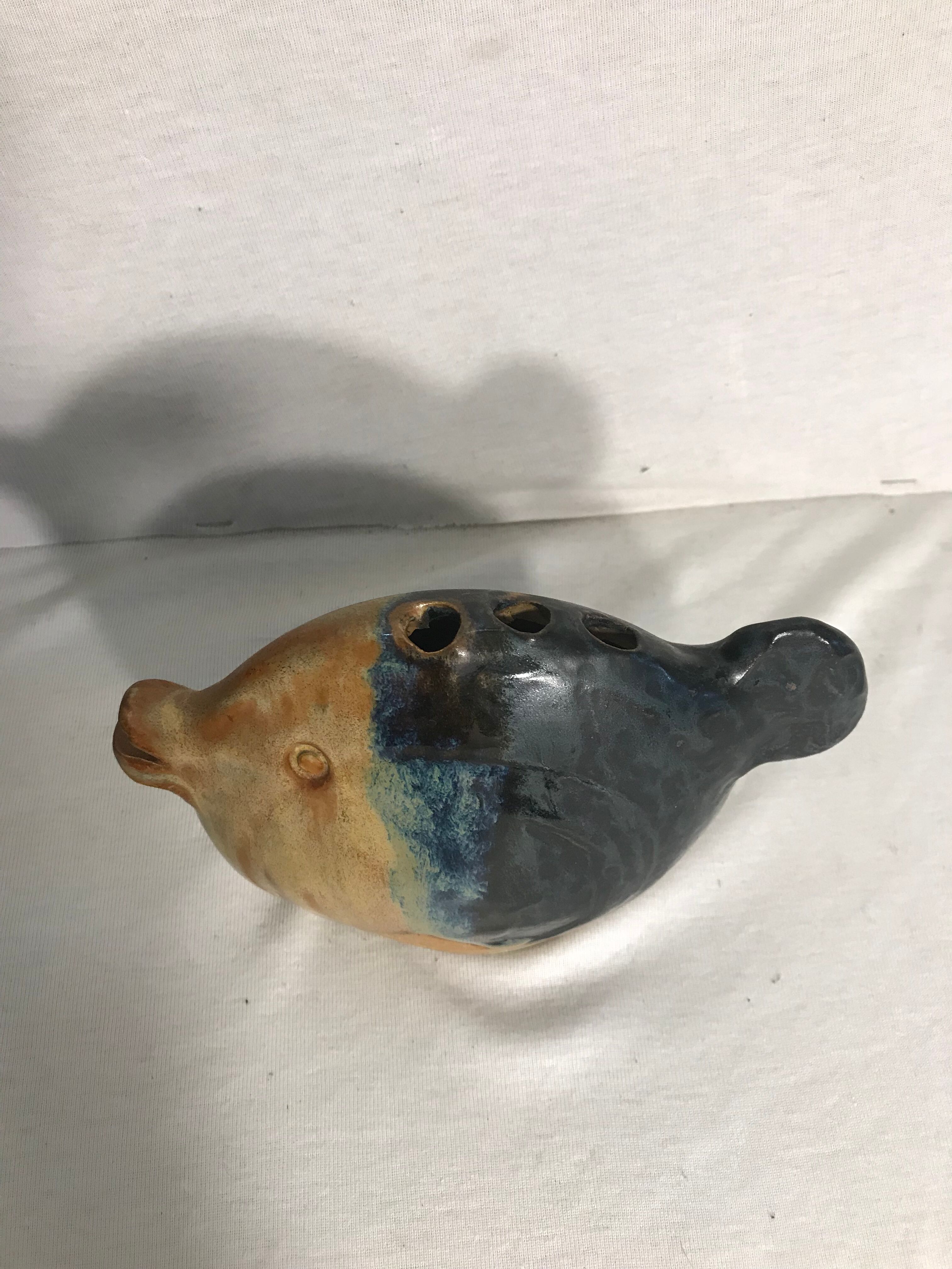 Old vase spades flowers fish ceramic beige & blue decoration vintage