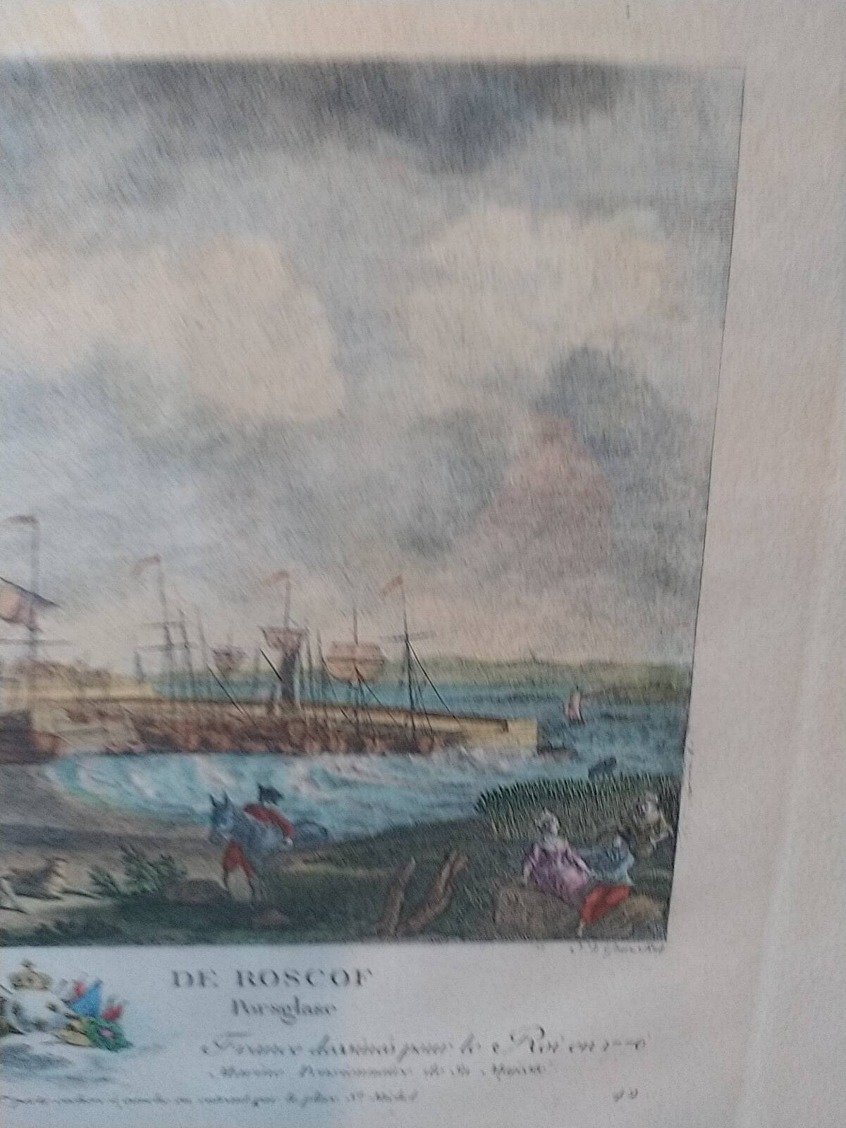 Original engraving of the port of Roscoff. Late 19th century.