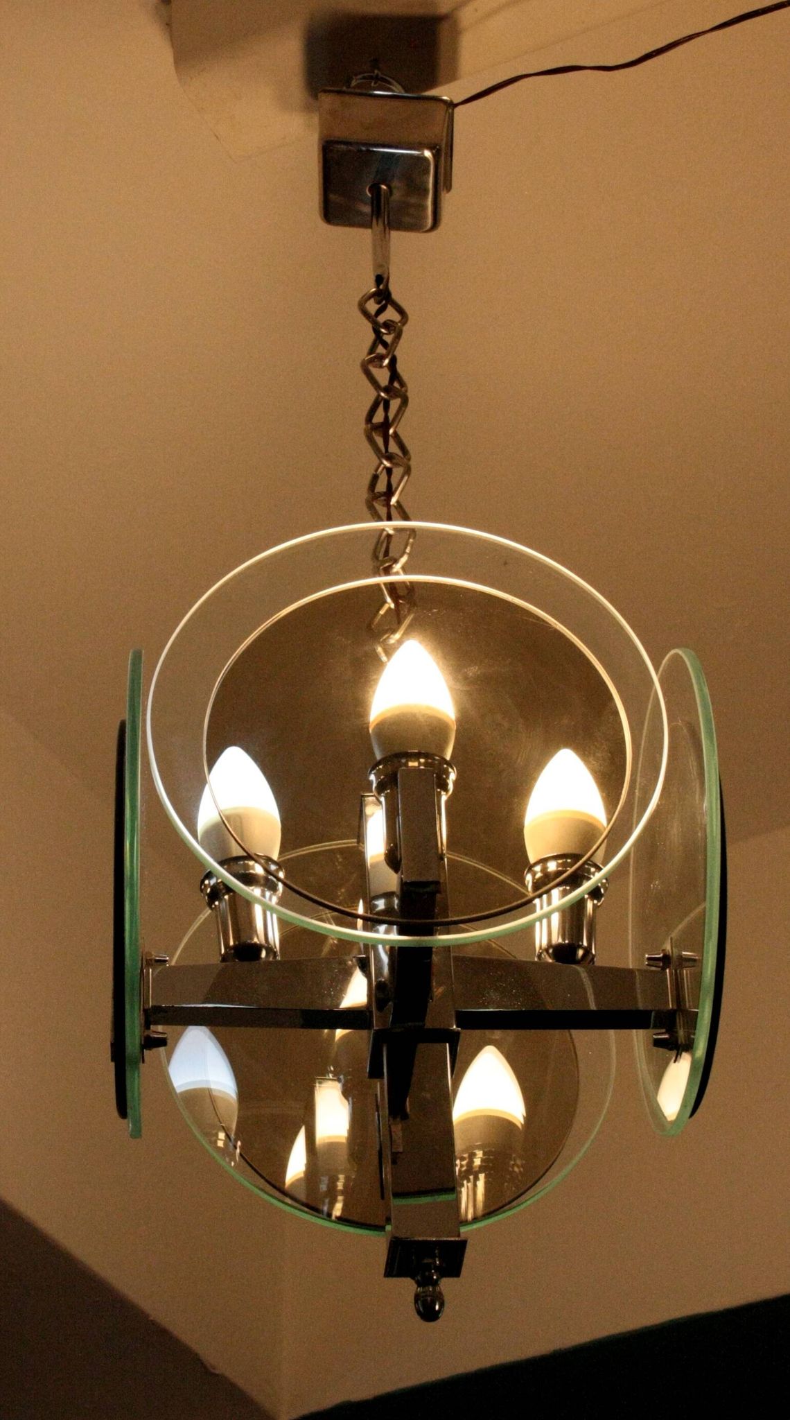 Vintage Art Deco chandelier in chrome metal and glass, Italy, 1970s