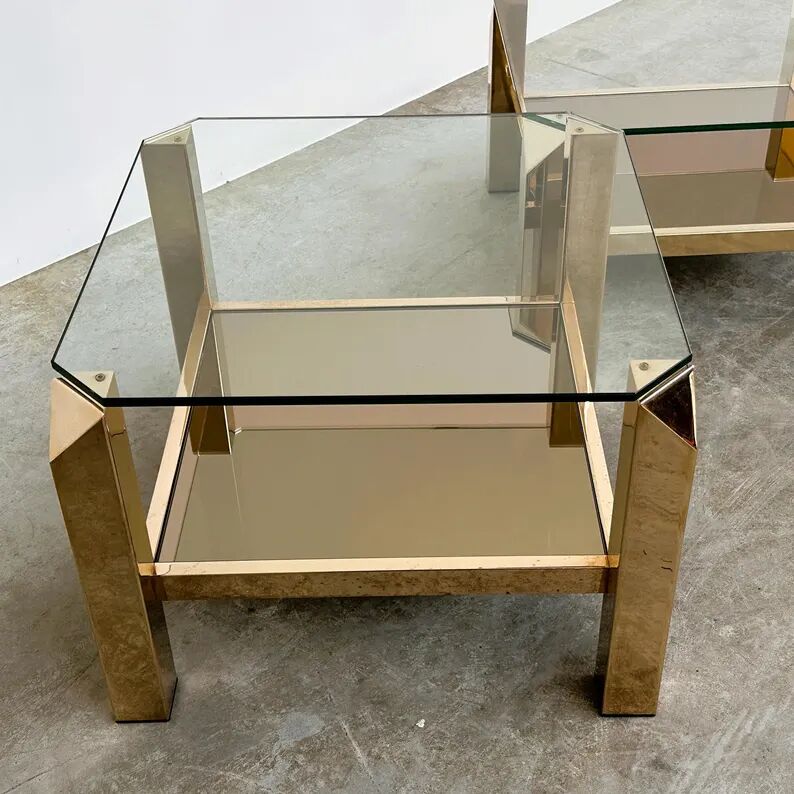 Set of 2 Belgo coffee tables in chrome brass and glass, Belgium, 1970s