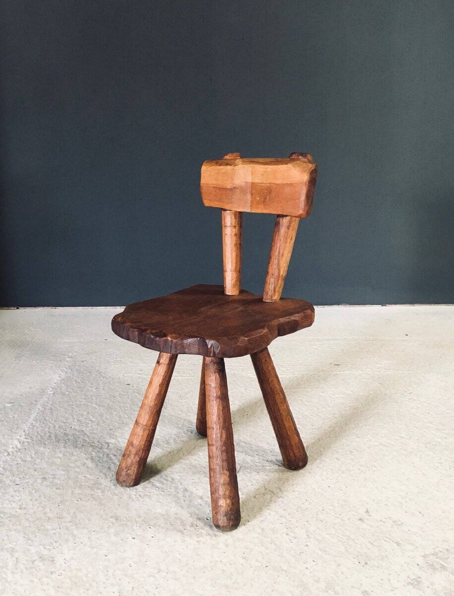 Rustic Alpine Hand-Carved Oak Chair, France, 1920s