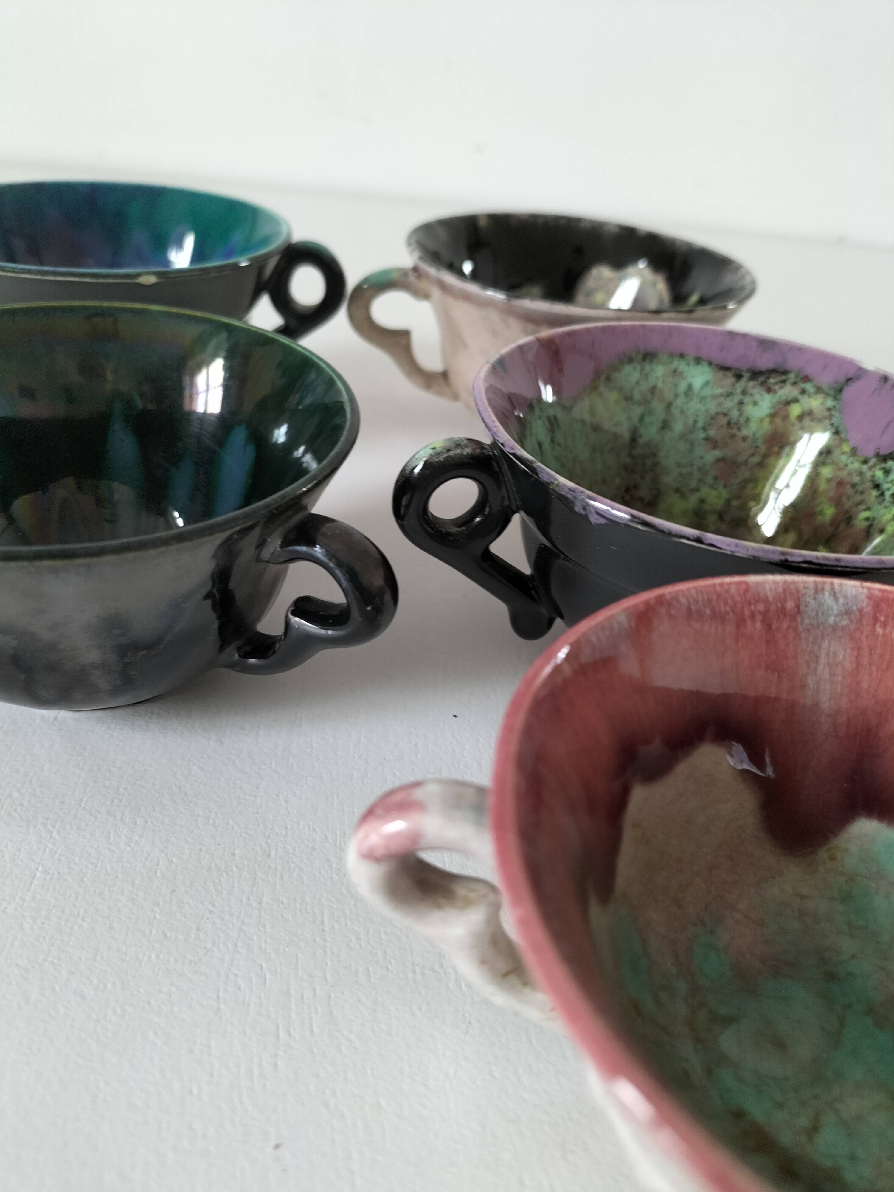 5 tasses Gaubier Morvan grès émaillé flammé multicolore