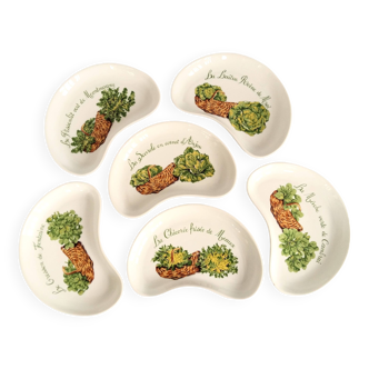 Six French Salad Plates. Crescent Shaped Side Salad Dishes