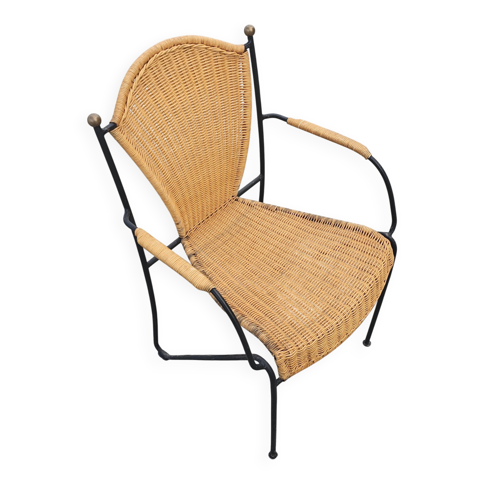 Mid-Century Chair by Frederic Weinberg in Rattan, Iron and Brass