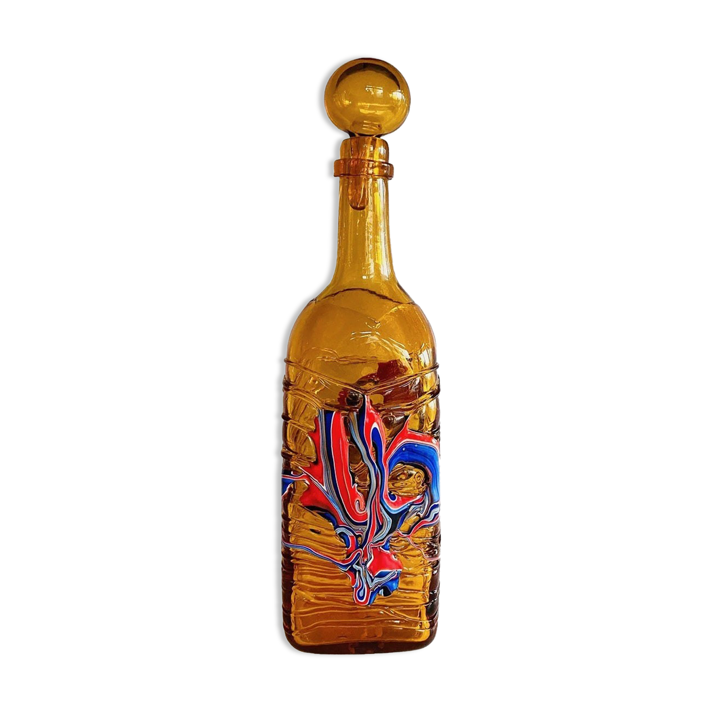 Vintage orange glass decanter / bottle with stopper, textured glass mdina