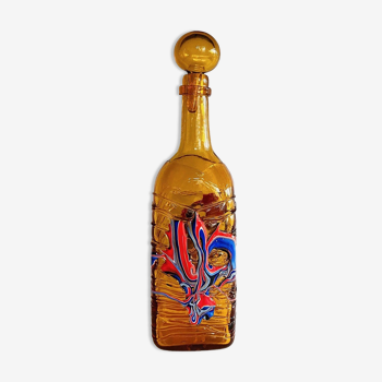 Vintage orange glass decanter / bottle with stopper, textured glass mdina