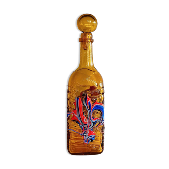 Carafe vintage en verre orange / bouteille avec bouchon, verre texturé mdina