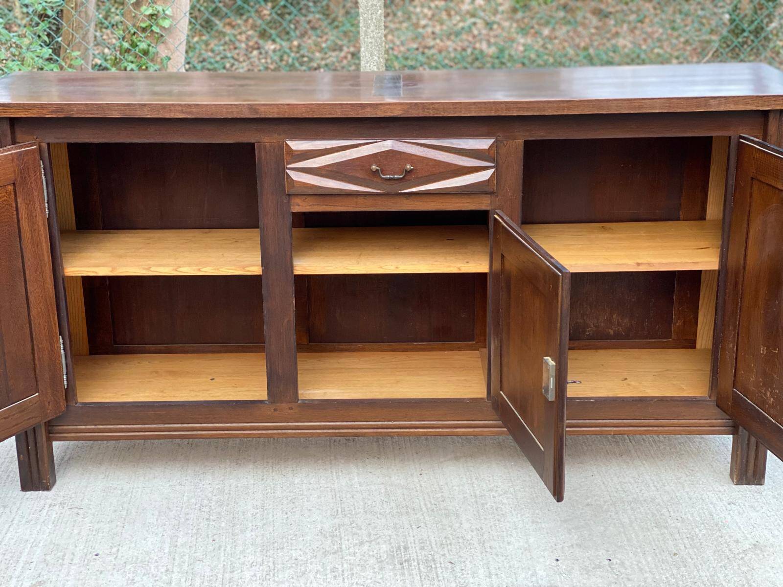 Art Deco sideboard in solid dark oak satin wood with 3 doors