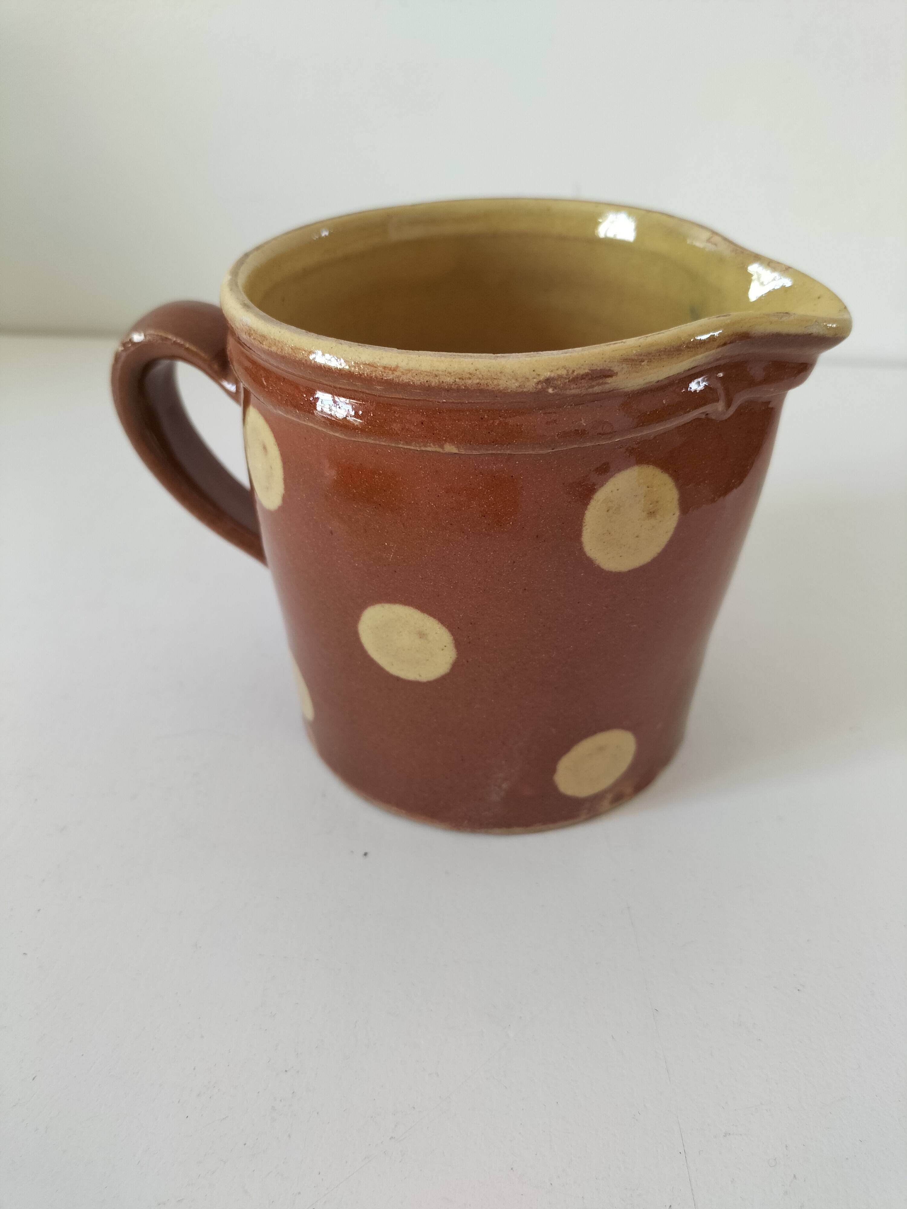 Small caramel milk jug with polka dots – Vintage Savoyard pottery