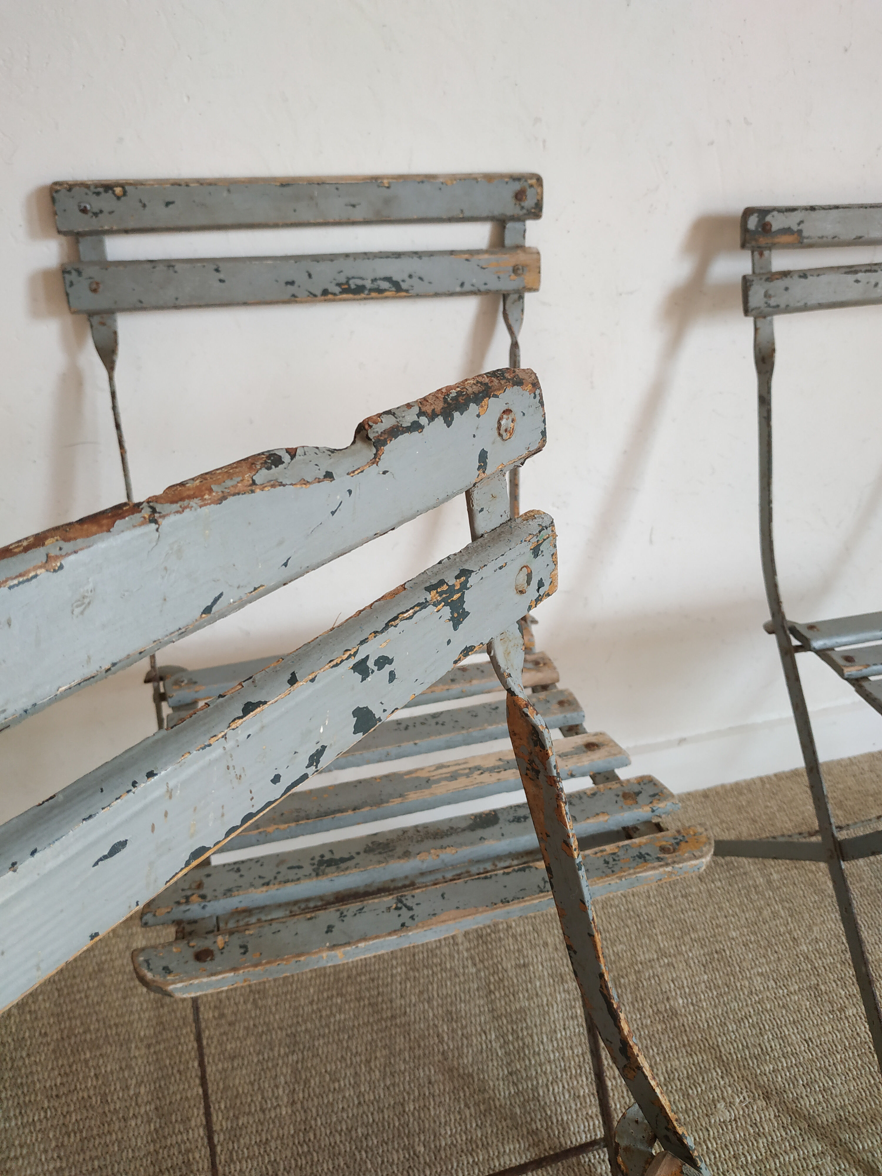 Patinated garden folding chairs - metal and wood -