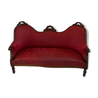 Canapé Napoléon III en acajou et tissu rouge