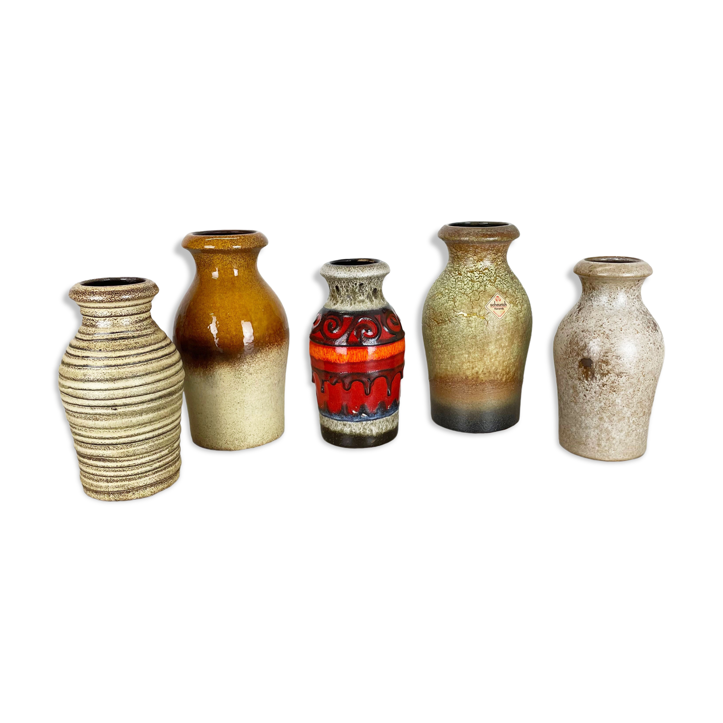 Set of five vintage pottery fat lava vases made by scheurich, germany, 1970s