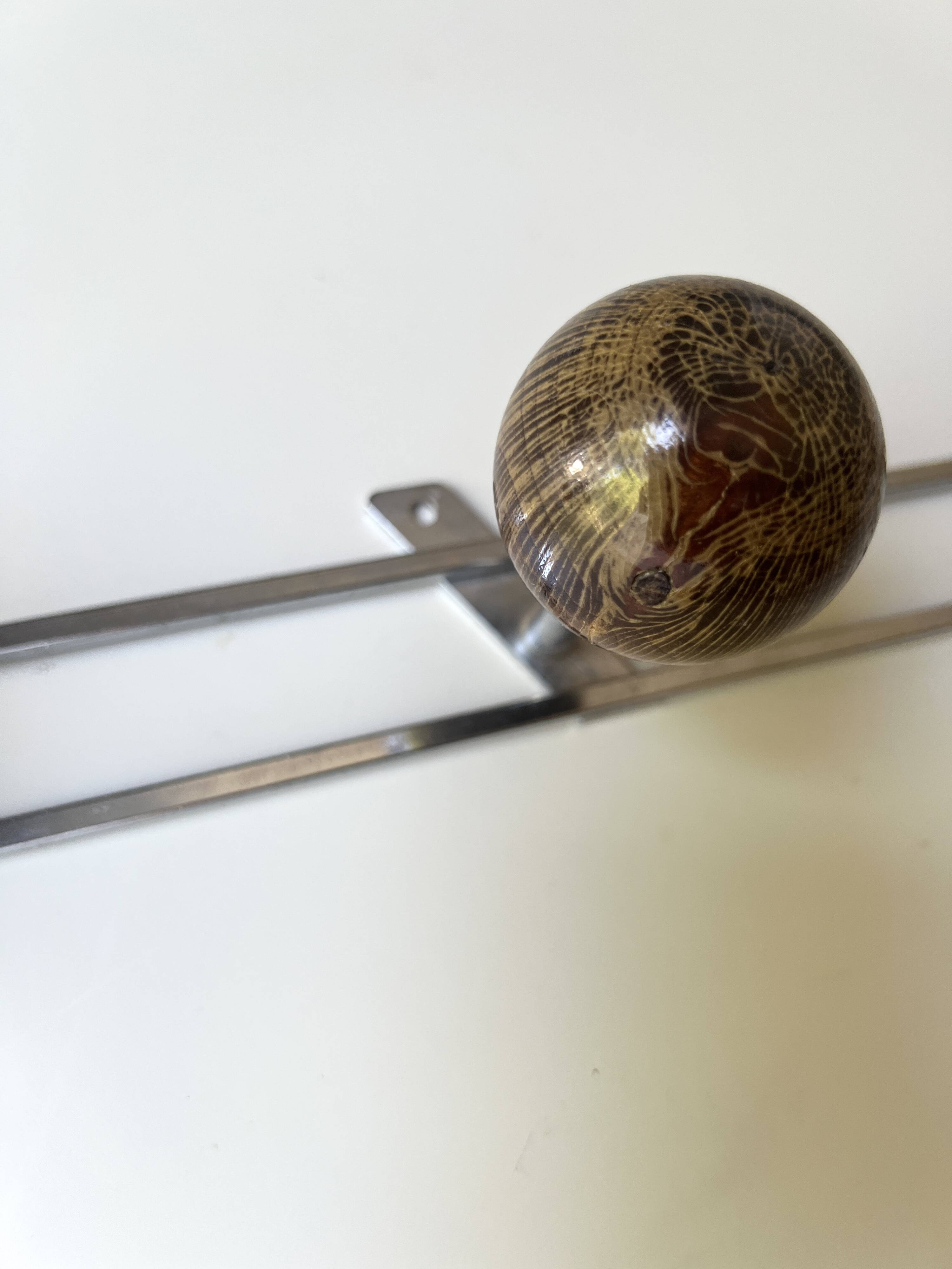 modernist coat rack in chrome and wood, 1970s design