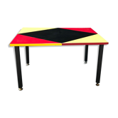 Metal foot coffee table, formica coating, red and yellow black geometry design