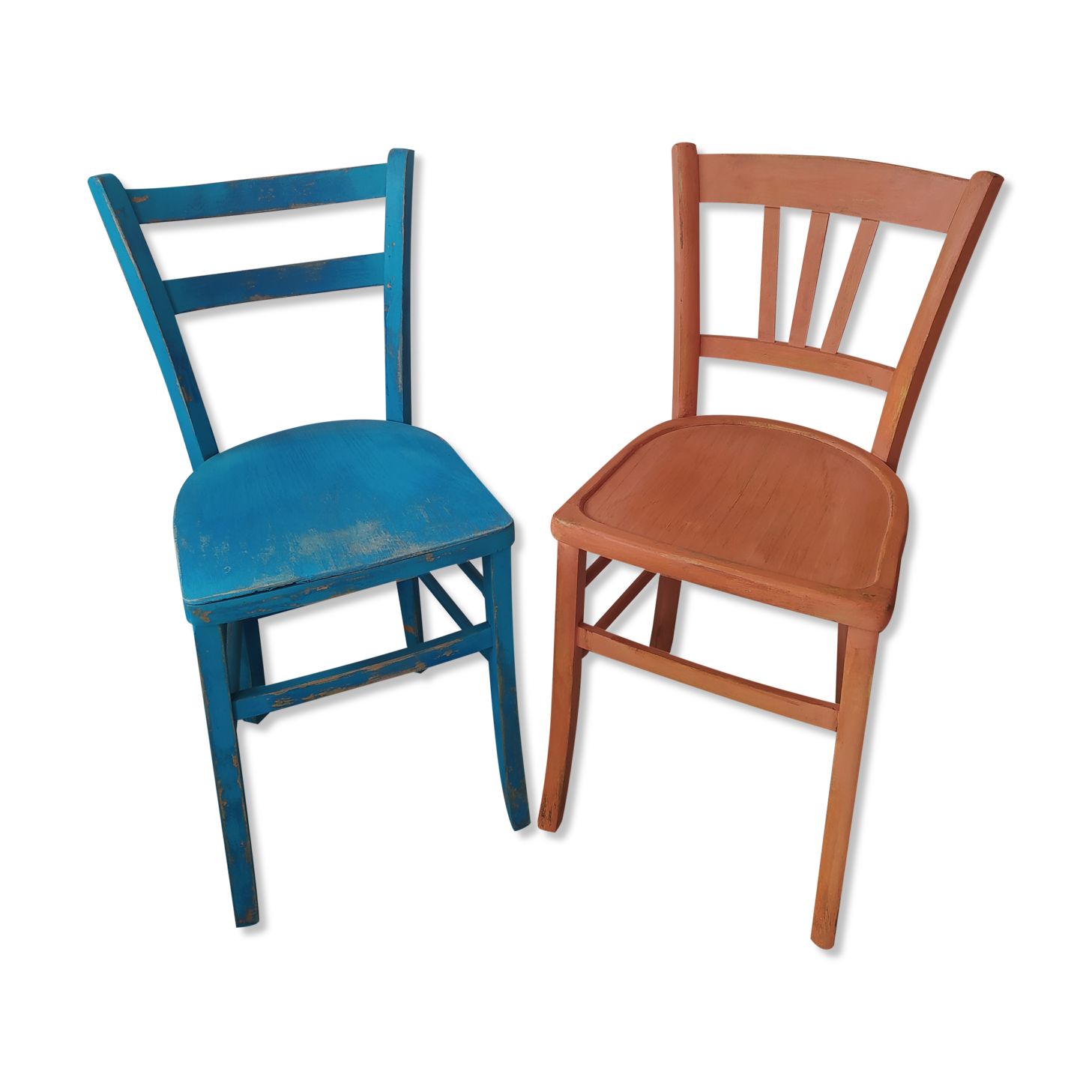 Pair of bistro chairs in patinated wood