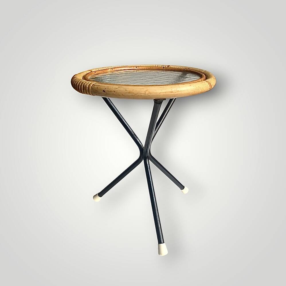 Tripod side table in bamboo and hammered glass - 1950s