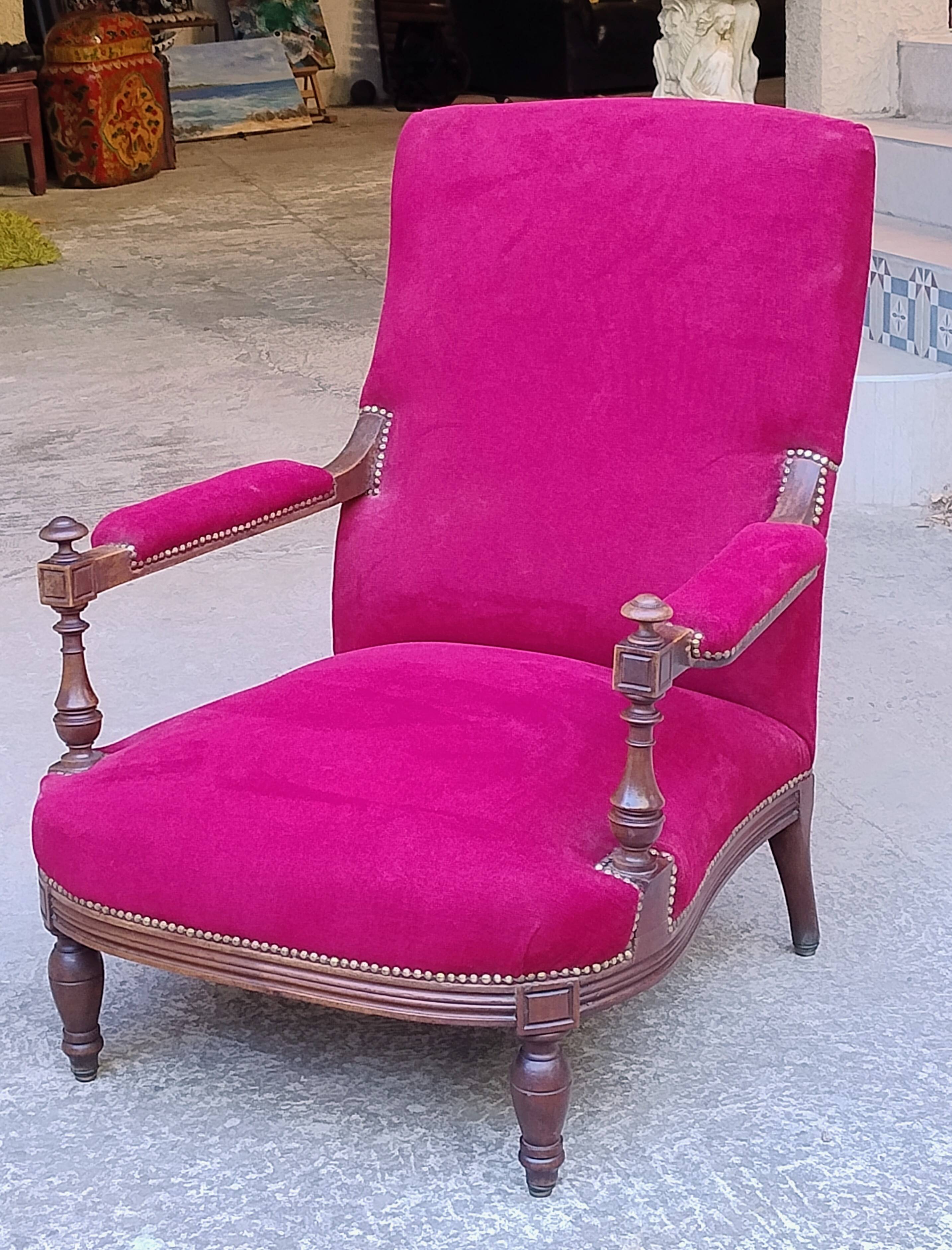 Bergère armchair (completely refurbished, including tacks, velvet fabric and seat)