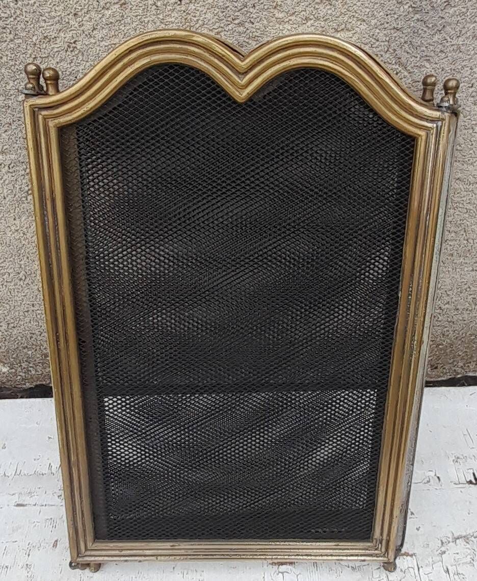 3-panel fire screen in brass and black mesh H 39 cm, ideal for a small fireplace
