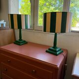 Pair of wooden bedside lamps with striped lampshades