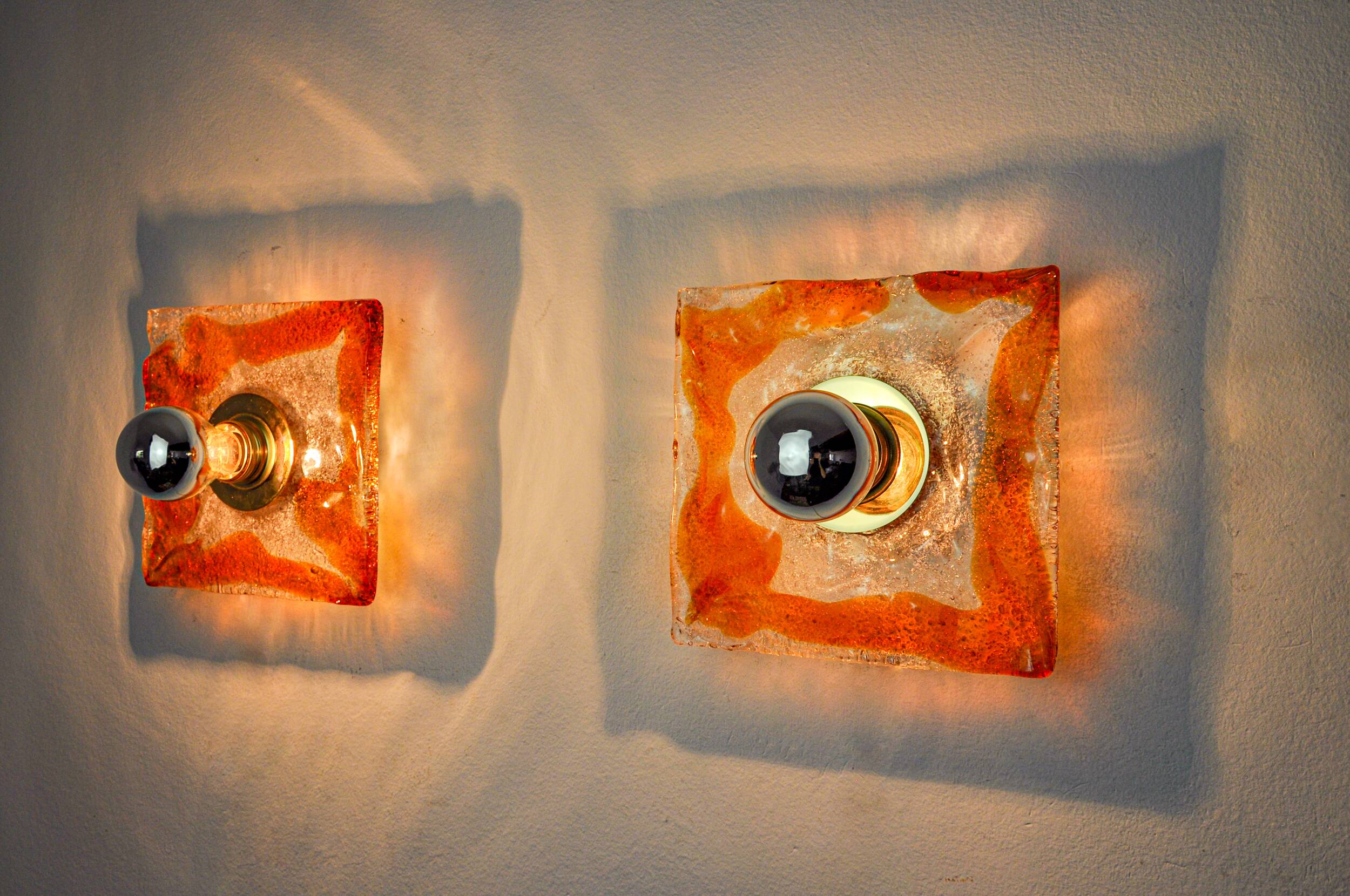 Pair of Murano Mazzega wall lights, orange frosted glass, Italy, 1970