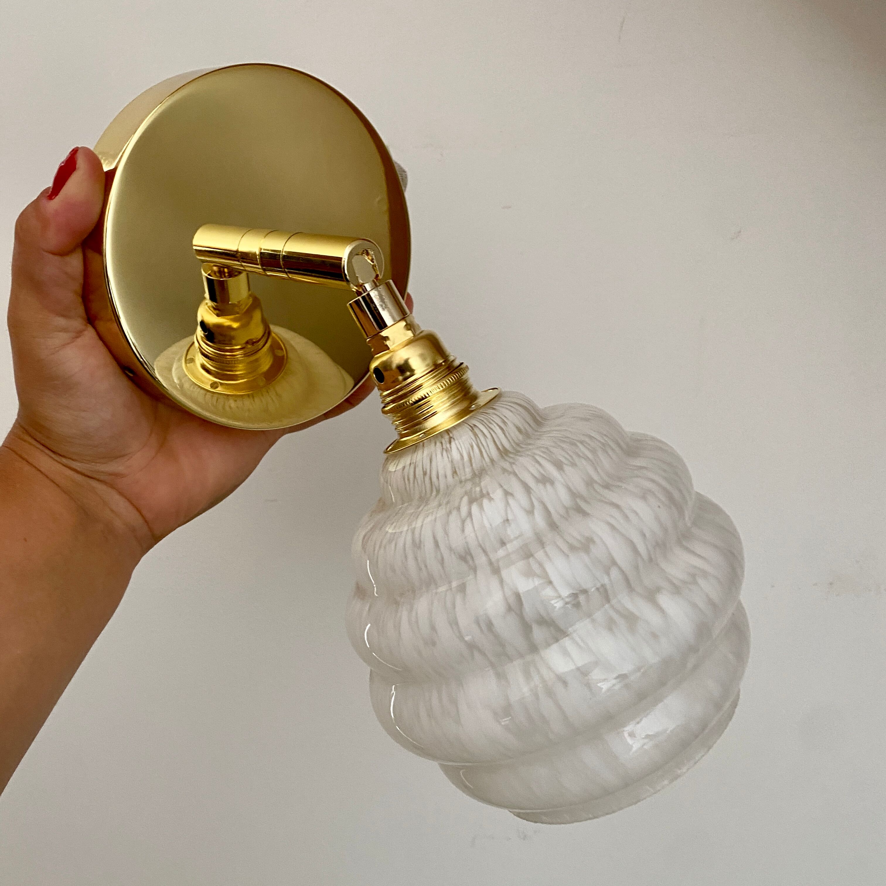 Vintage globe wall lamp in white clichy glass