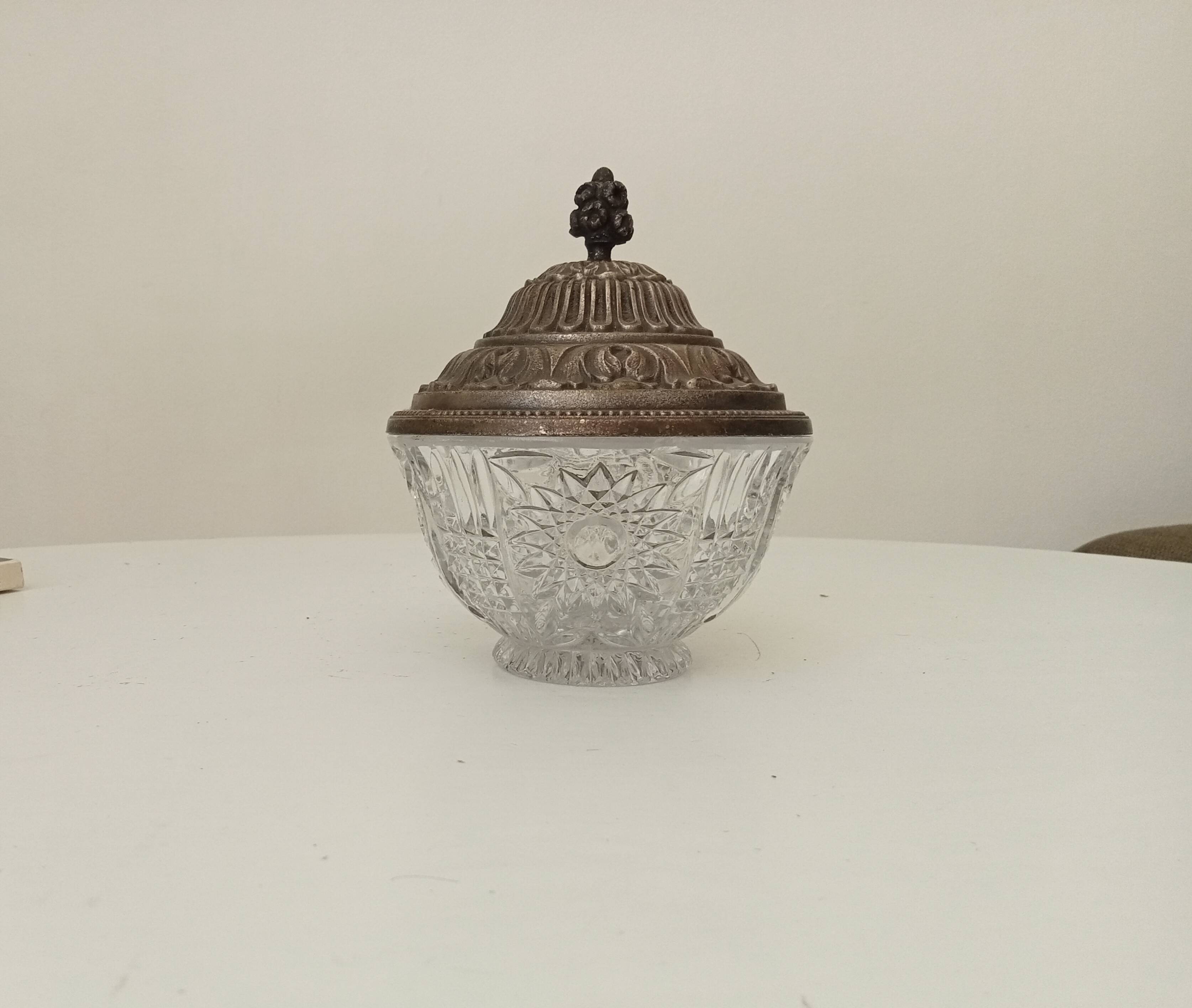 Vintage chiseled glass and tin candy box